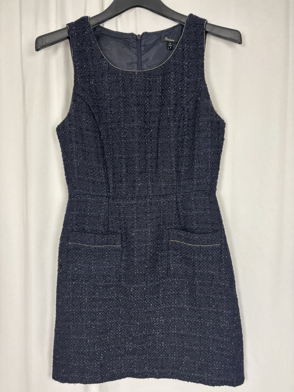 Monteau Dark Blue Sparkly Tweed Dress Jumper Sleeveless Size S Pockets